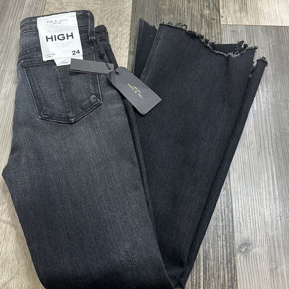 Rag & Bone Nina High Rise Shark Bite Hem Flare Denim Jeans Clean Onyx Size 24 - Picture 10 of 12